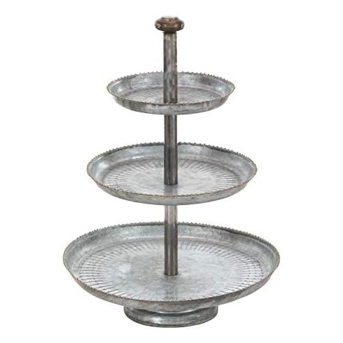  Deco 79 Farmhouse 3-Tiered Round Metal Tray Stand, 22 H x 16 L, Galvanized Gray Finish