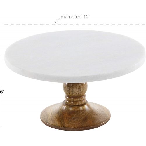  Deco 79 94519 Round Mango Wood and Marble Cake Stand, 6 x 12, Brown/White