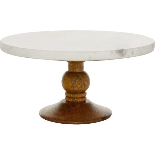  Deco 79 94519 Round Mango Wood and Marble Cake Stand, 6 x 12, Brown/White