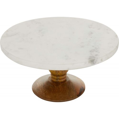  Deco 79 94519 Round Mango Wood and Marble Cake Stand, 6 x 12, Brown/White