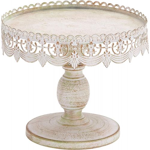  Deco Antique Style Round, Distressed White Metal Cake Stand with Pierced Metal Designs, 10” x 9”