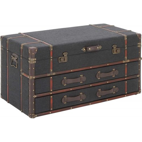 Deco 79 55788 Blue Fabric Chest Coffee Table with Storage Drawers Wood & Leather Trim, 21 H x 40 L, Textured Black Finish