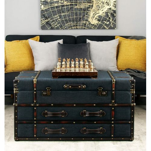  Deco 79 55788 Blue Fabric Chest Coffee Table with Storage Drawers Wood & Leather Trim, 21 H x 40 L, Textured Black Finish