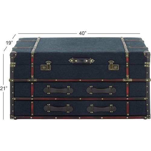  Deco 79 55788 Blue Fabric Chest Coffee Table with Storage Drawers Wood & Leather Trim, 21 H x 40 L, Textured Black Finish