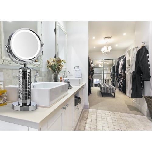  Deco Breeze Fanity Two Sided Magnifying Lighted Makeup Mirror Vanity Mirror with Built In Two Speed Cooling Fan Air Circulator, 5x Magnification