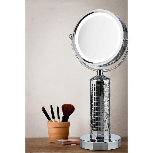  Deco Breeze Fanity Two Sided Magnifying Lighted Makeup Mirror Vanity Mirror with Built In Two Speed Cooling Fan Air Circulator, 5x Magnification