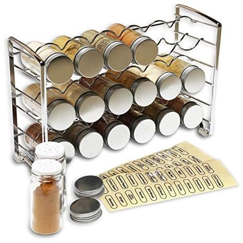  Deco Brothers DecoBros Spice Rack Stand holder with 18 bottles and 48 Labels, Chrome