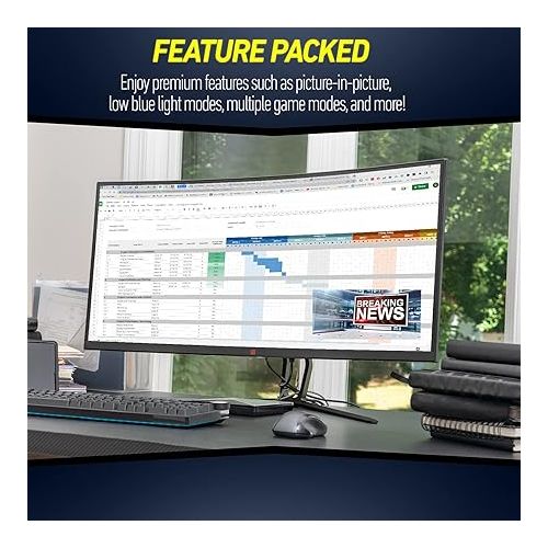  Deco Gear 35” Curved Gaming Ultrawide Monitor, E-LED, 3440x1440 WQHD, 120hz, 1ms MPRT, 21:9, Adaptive Sync, HDMI 2.0 x2, DisplayPort 1.4 x2, 99% sRGB, Picture in Picture Modes, Anti-Glare Matte Screen