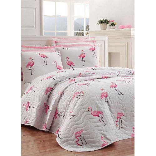  [아마존베스트]DecoMood Birds Bedding, Flamingo Themed Single/Twin Size Bedspread/Coverlet Set, Flamingo Themed Girls Bed Set, 2 Pieces