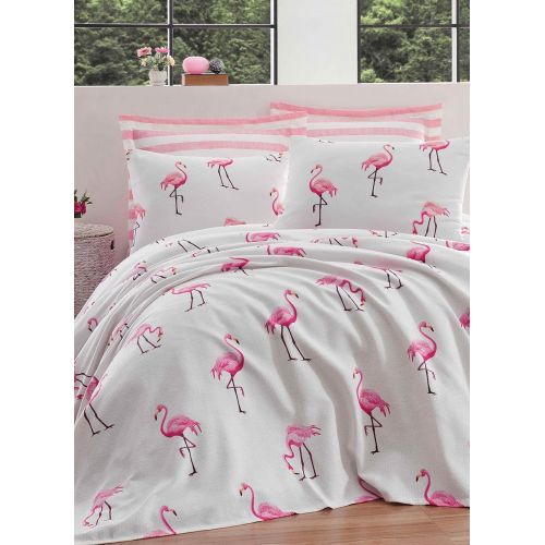  [아마존베스트]DecoMood 100% Cotton Birds Bedding, Birds Flamingo Themed Bedspread Coverlet (Pique) Set for Girls, Single/Twin (3 PCS) and Full/Queen Size (4 PCS),