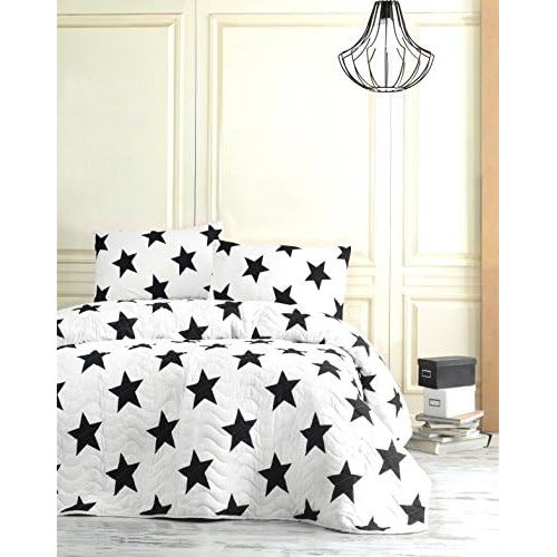  [아마존베스트]DecoMood Stars Bedding, Full/Queen Size Bedspread/Coverlet Set, Black and White Girls Boys Bedding, 3 PCS,