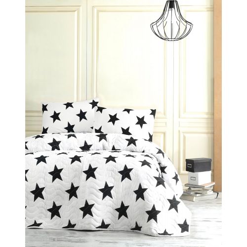  [아마존베스트]DecoMood Stars Bedding, Full/Queen Size Bedspread/Coverlet Set, Black and White Girls Boys Bedding, 3 PCS,