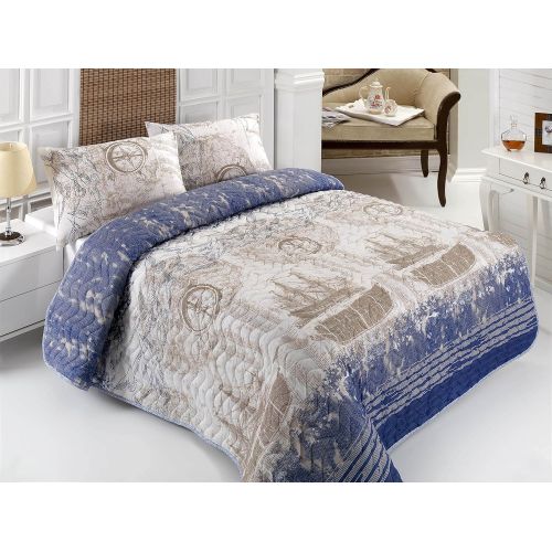  [아마존베스트]DecoMood Nautical Bedding, Full/Queen Size Bedspread/Coverlet Set, Ship, Compass, and Birds Themed Girls Boys Bedding, 3 PCS,