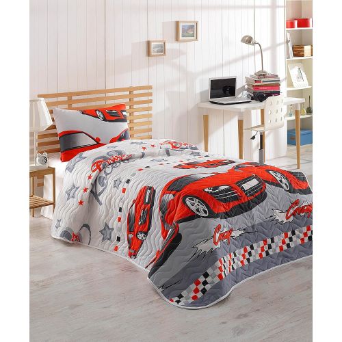  DecoMood Cars Bedding, Single/Twin Size Bedspread/Coverlet Set, Cars Themed Boys Bedding, 2 PCS, Red Grey