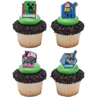 DecoPac Minecraft Lush Finds Rings, Cupcake Decorations Featuring Creeper, Alex, Steve and Axolotl! Multicolored 3D Food Safe Cake Toppers - 24 Pack