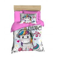 Deconation OZINCI 3D Unicorn Bedding Set, Love Music Unicorn Themed Quilt/Duvet Cover Set, Girls Bed Set, Single/Twin Size, (4 Pieces)