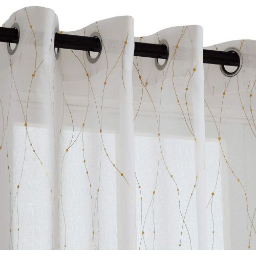  [아마존핫딜][아마존 핫딜] Deconovo Grommet White Sheer Curtains 96 Wave Line with Dots Foil Printed Linen Look Transparent Curtains for Dining Room 52W x 96L Gold 2 Panels