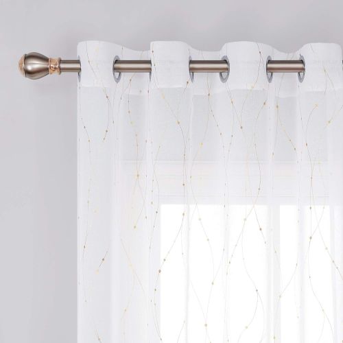  [아마존핫딜][아마존 핫딜] Deconovo Grommet White Sheer Curtains 96 Wave Line with Dots Foil Printed Linen Look Transparent Curtains for Dining Room 52W x 96L Gold 2 Panels