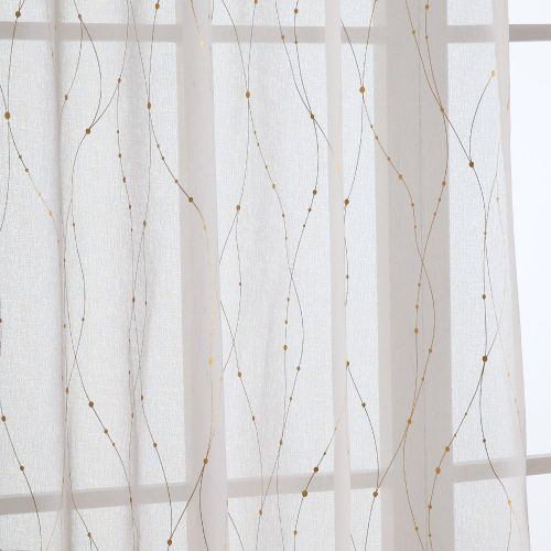  [아마존핫딜][아마존 핫딜] Deconovo Grommet White Sheer Curtains 96 Wave Line with Dots Foil Printed Linen Look Transparent Curtains for Dining Room 52W x 96L Gold 2 Panels