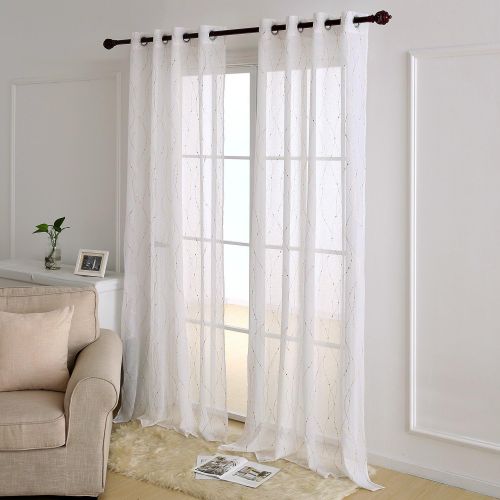  [아마존핫딜][아마존 핫딜] Deconovo Grommet White Sheer Curtains 96 Wave Line with Dots Foil Printed Linen Look Transparent Curtains for Dining Room 52W x 96L Gold 2 Panels