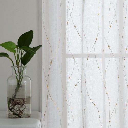  [아마존핫딜][아마존 핫딜] Deconovo Grommet White Sheer Curtains 96 Wave Line with Dots Foil Printed Linen Look Transparent Curtains for Dining Room 52W x 96L Gold 2 Panels