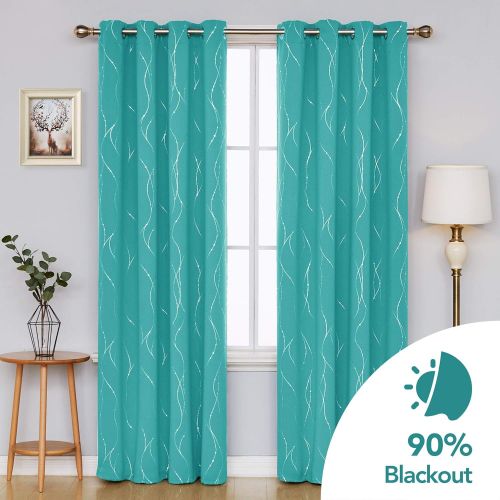  [아마존 핫딜] Deconovo Grommet Top Blackout Curtains Wave Line with Dots Foil Printed Light Blocking Window Draperies for Sliding Glass Door 52 x 84 Inch Turquoise 2 Panels