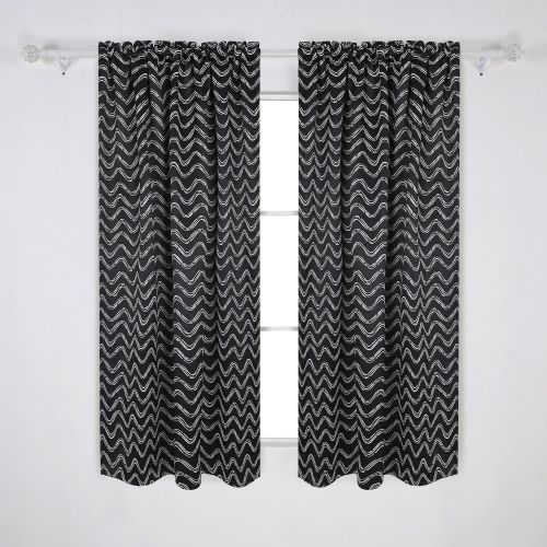  Deconovo Curtains Ocean Wave Print Rod Pocket Blackout Window Curtians for Kids Room, 42x63 Inch, Black