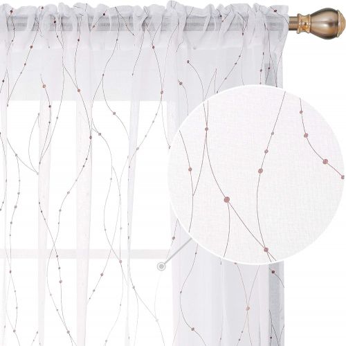  [아마존베스트]Deconovo White Sheer Curtains 45 Inch Long Dots Printed Rod Pocket Sheer Window Curtains for Dining Room 52W x 45L 2 Panels Dark Gold