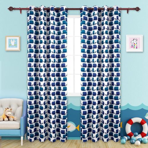  Deconovo Decorative Whale Print Grommet Top Thermal Insulated Blackout Curtains for Kids Bedroom and Nursery Room Darkening Curtain Panels 52x84 Inch 2 Panels