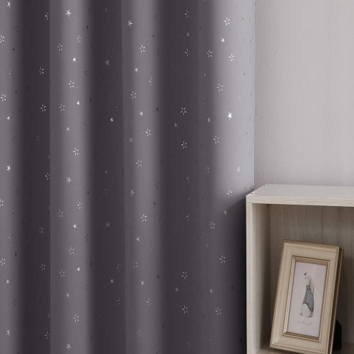  Deconovo Grommet Blackout Curtains 2 Panel Silver Star Foil Print Room Darkening Thermal Insulated Curtains for Kids Room 52 x 63 inches Grey 2 Panels