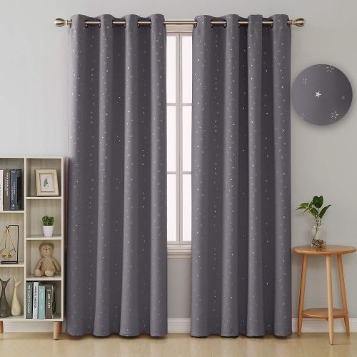  Deconovo Grommet Blackout Curtains 2 Panel Silver Star Foil Print Room Darkening Thermal Insulated Curtains for Kids Room 52 x 63 inches Grey 2 Panels