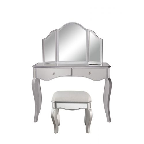  Decor Central ADMFX6-6042S Vanity Table with Mirror, Chair & 2 Drawers Hand Rubbed Antique Silver Finish