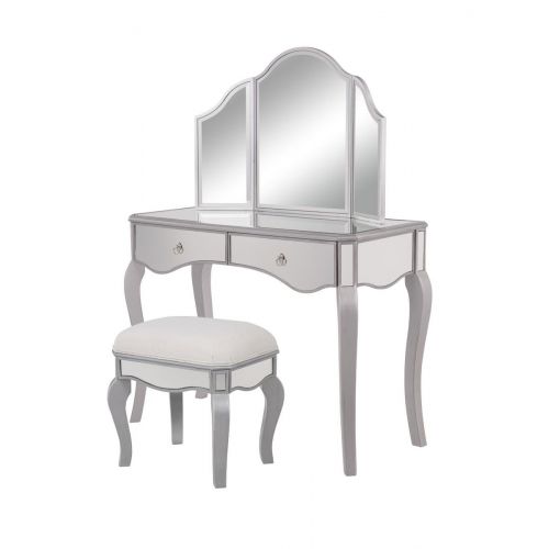  Decor Central ADMFX6-6042S Vanity Table with Mirror, Chair & 2 Drawers Hand Rubbed Antique Silver Finish