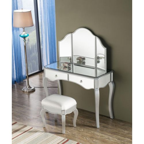  Decor Central ADMFX6-6042S Vanity Table with Mirror, Chair & 2 Drawers Hand Rubbed Antique Silver Finish