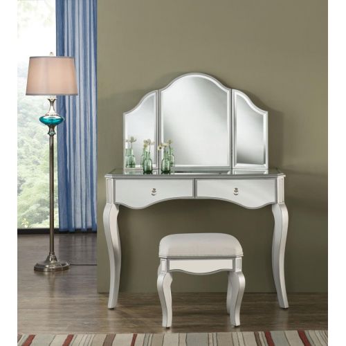  Decor Central ADMFX6-6042S Vanity Table with Mirror, Chair & 2 Drawers Hand Rubbed Antique Silver Finish