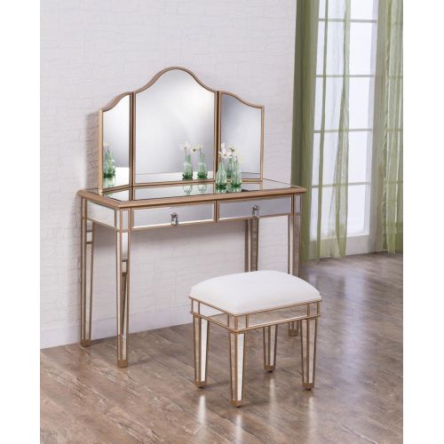  Decor Central ADMFX6-6012G Chair and 2 Drawers Vanity Table with Mirror Hand Rubbed Antique Gold Finish