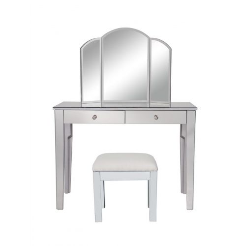  Decor Central ADMFX6-6036S Vanity Table with Mirror Chair and 2 Drawers Hand Rubbed Antique Silver Finish