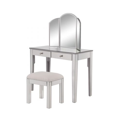  Decor Central ADMFX6-6036S Vanity Table with Mirror Chair and 2 Drawers Hand Rubbed Antique Silver Finish