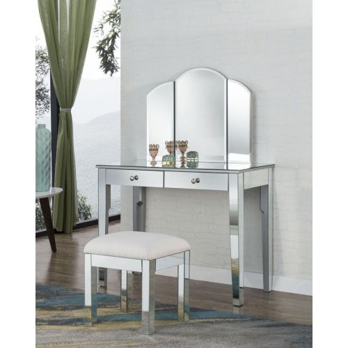  Decor Central ADMFX6-6036S Vanity Table with Mirror Chair and 2 Drawers Hand Rubbed Antique Silver Finish