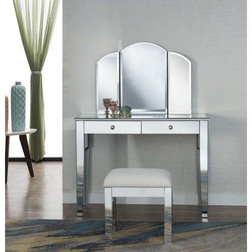  Decor Central ADMFX6-6036S Vanity Table with Mirror Chair and 2 Drawers Hand Rubbed Antique Silver Finish