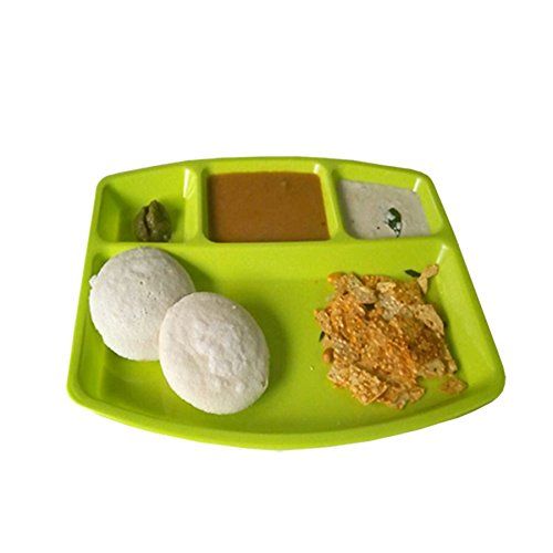  Decornt Food-Grade Virgin Plastic (Microwave-Safe) 4-Compartments Divided-Dinner Plate; Set of 3; Length 12 Inches X Breadth 9 Inches; Green Color.