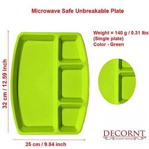  Decornt Food-Grade Virgin Plastic (Microwave-Safe) 4-Compartments Divided-Dinner Plate; Set of 3; Length 12 Inches X Breadth 9 Inches; Green Color.