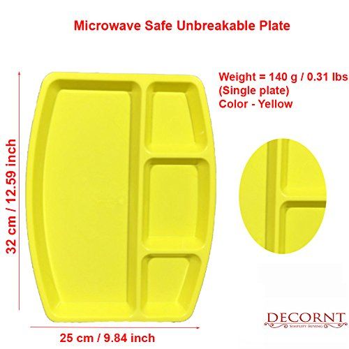  Decornt Food-Grade Virgin Plastic (Microwave-Safe) 4-Compartments Divided-Dinner Plate; Set of 3; Length 12 Inches X Breadth 9 Inches; Yellow Color.