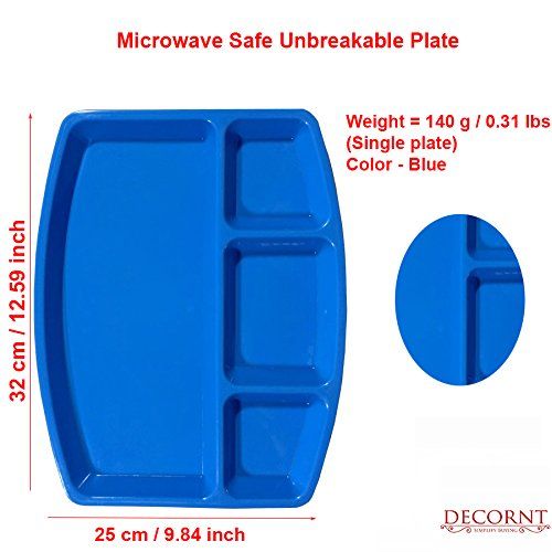  Decornt Food-Grade Virgin Plastic (Microwave-Safe) 4-Compartments Divided-Dinner Plate; Set of 3; Length 12 Inches X Breadth 9 Inches; Blue Color.