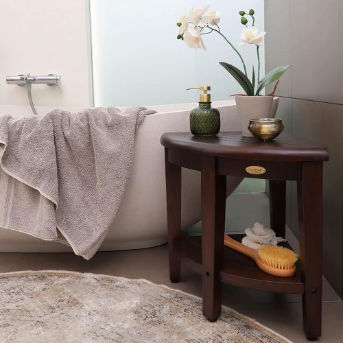  Decoteak Oasis Fully Assembled Teak Corner Shower Bench with Shelf- Shower Sitting, Storage, Saving Foot Rest