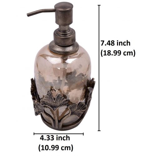  Decozen The Gingko Collection Glass Soap Dispenser in Brown Luster Finish Antique Brass Finished Base and Gingko Leaf Elements for Oil Lotions Liquid Soaps Vintage Soap Dispenser