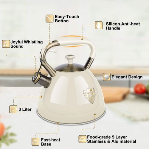  Deeoutlife Tea Kettle Stove Top 3.17Quart Modern Whistling Tea Kettle-Surgical 5 Layer Stainless Steel Teakettle Teapot with Cool Touch Ergonomic Handle Teapot - Pot For Stove Top