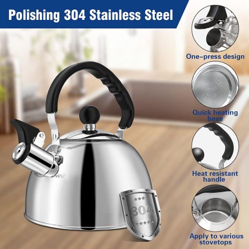  Deeoutlife Tea Kettle Stovetop 2.1 Quart Mirror Finished Stainless Steel Whistling Teakettle For Stovetop Tea Pot with Folding Cool Grip Ergonomic Handle Small Tea Pot Water Boiler for Home K