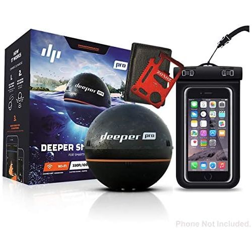  Deeper Smart Sonar PRO Series - Wi-Fi Connected Wireless, Castable, Portable Smart Fishfinder for iOS & Android Devices, Z-Tool & Universal Waterproof Cellphone Case (Bundle)