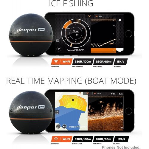  Deeper Smart Sonar PRO Series - Wi-Fi Connected Wireless, Castable, Portable Smart Fishfinder for iOS & Android Devices, Z-Tool & Universal Waterproof Cellphone Case (Bundle)